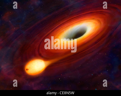 Questa illustrazione mostra una stella essere falsata dal suo passaggio vicino ad un buco nero supermassiccio al centro di una galassia. Foto Stock