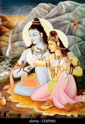 Lord Shiva e sua moglie Parvati, pittura in miniatura su carta, dpa-80469-bdr Foto Stock