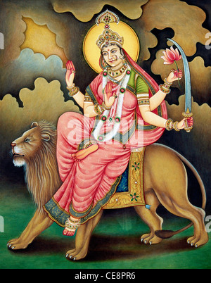 Dea Durga seduto su Lion la pittura in miniatura su carta india Foto Stock