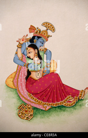 Radha Krishna abbracciare ; Pittura in miniatura su carta ; India ; Asia Foto Stock