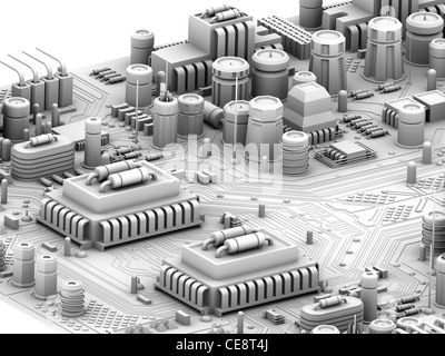 Scheda di circuito. Computer grafica raffigurante city scape fatta di circuiti elettronici. Foto Stock
