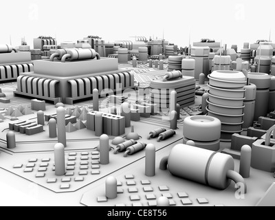 Scheda di circuito. Computer grafica raffigurante city scape fatta di circuiti elettronici. Foto Stock
