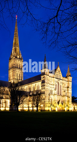 I riflettori fronte ovest e la guglia della Cattedrale medioevale di Salisbury, Wiltshire, Inghilterra, Regno Unito al crepuscolo. Foto Stock