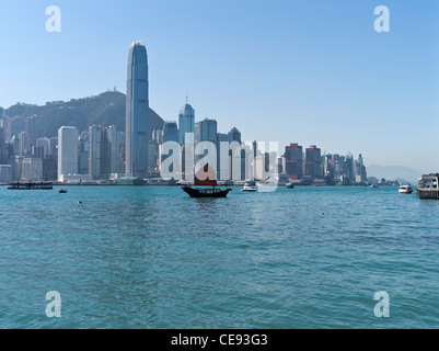 dh Hong Kong Harbour CENTRAL HONG KONG Red Sail Junk Harbour Waterfront IFC skyline Daytime boat victoria Harbour Day junkboat china ship Foto Stock