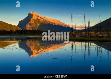 Mount Rundle affacciato su Banff township visto dalla riva di Laghi Vermillion Fenland trail Canadian Rockies Alberta Canada Foto Stock