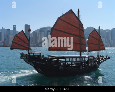 dh Duk Ling Junk VICTORIA HARBOUR HONG KONG Tourist Red Sail Junk Island Harbour Sails chinese Boat Junkboat nave victoria Foto Stock