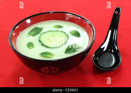 Fresh Asian ghiacciato zuppa di cetriolo con aglio, yogurt e menta Foto Stock