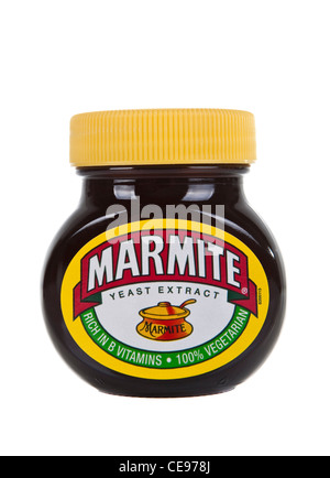 Vasetto di marmite estratto di lievito su bianco Foto Stock