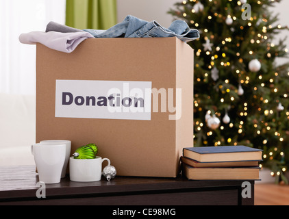 Stati Uniti d'America, Illinois, Metamora, scatola di cartone con vestiti in salotto, l'albero di Natale in background Foto Stock