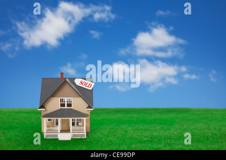 Modello di casa venduta con il segno sull'erba Foto Stock
