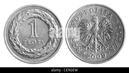 Zloty polacco monete metalliche isolate su sfondo bianco Foto Stock