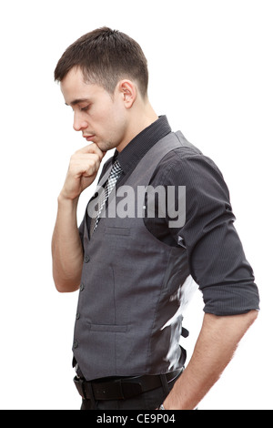 Ritratto di sofisticate business caucasica uomo pensare. Isolato su sfondo bianco Foto Stock