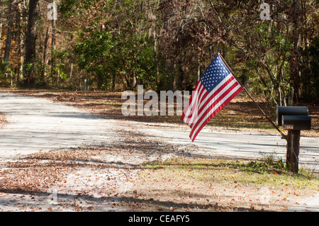 Bandiera americana attaccata alla casella delle lettere vicino all'unità Forrest negli Stati Uniti, USA. Scenario rurale con una strada sterrata e sfondo forestale. Foto Stock