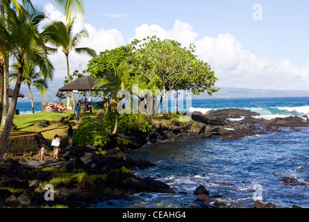 Dirige anche della Baia di Hilo, Onekahakaha Beach Park è popolare tra i surfisti, nuotatori e lucertole da mare, Hilo, Big Island delle Hawaii, Foto Stock