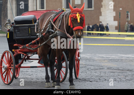 Cavallo e Carrozza in attesa fuori del Colosseo per dare ai turisti un tour di Roma di Equus caballus ferus Foto Stock