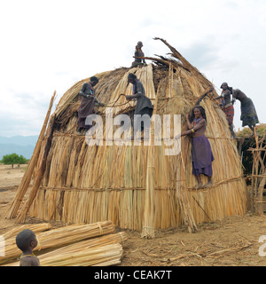 Erbore le donne a costruire una casa, valle dell'Omo, Etiopia Foto Stock