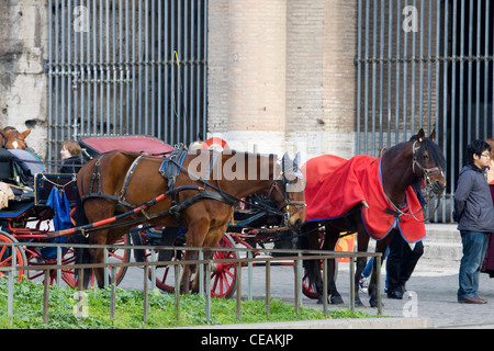 Cavallo e Carrozza in attesa fuori del Colosseo per dare ai turisti un tour di Roma di Equus caballus ferus Foto Stock