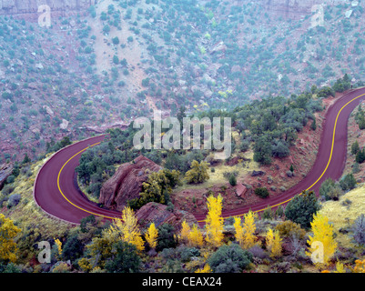 Strada con Autunno a colori nel Parco Nazionale di Zion, Utah Foto Stock