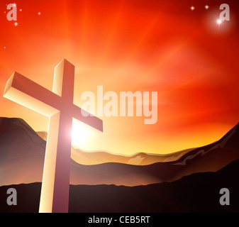 Il sorgere del sole dietro la croce su una catena montuosa. La risurrezione Pasqua cristiana nozione Foto Stock