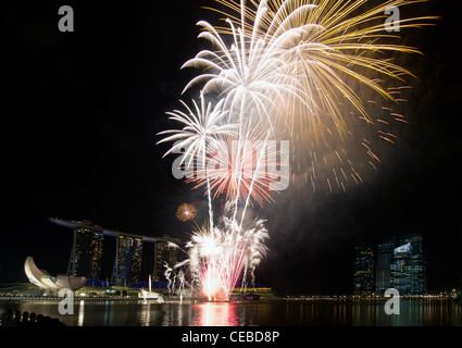 Fuochi d'artificio lungo il Fiume Singapore Esplanade con lo skyline della città Foto Stock