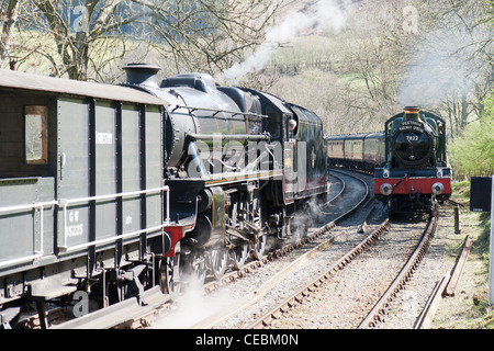 Locomotiva a vapore tirando un treno in Llangollen Railway Foto Stock