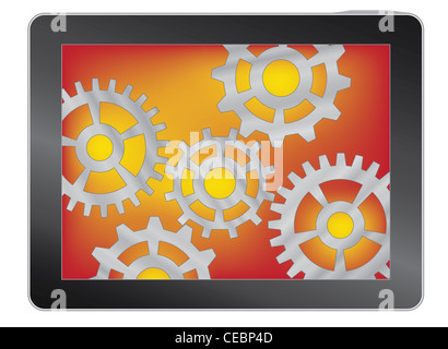 Tablet con ingranaggi isolato su bianco illustrazione Foto Stock
