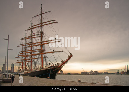 Tallship russa Sedov nel porto di Rotterdam, Paesi Bassi dalla luce della sera Foto Stock