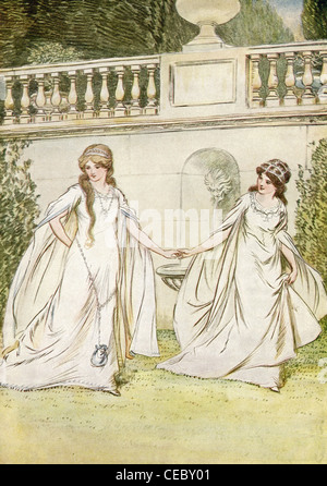 Questa immagine mostra Rosalind in fuga il suo zio in tribunale per il Forest of Arden con sua cugina Celia. Foto Stock