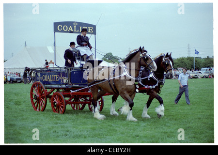 Coalite cavallo e carrello di legno trainato da due pesanti shire cavalli al Snaith annuale mostra in East Yorkshire Foto Stock