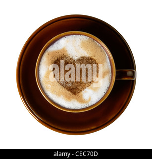 Tazza di caffè in marmo con schiuma di latte, isolato su bianco con percorso di clipping, visto da sopra Foto Stock