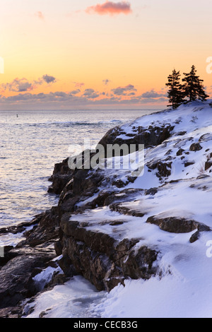 Alba sull'Oceano Atlantico in inverno come visto da vicino Schooner testa su il Parco Nazionale di Acadia in Maine. Foto Stock