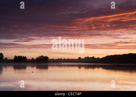 Vista su serbatoio Sywell all'alba. Il cielo si riflette nell'acqua ed entrambi hanno assunto sfumature di rosa. Foto Stock