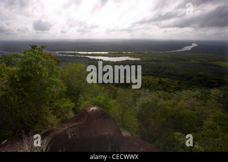 Fiume Rupununi fluente attraverso la foresta pluviale primaria, parte di Rewa Amerindian riserva, Guyana, Sud America Foto Stock