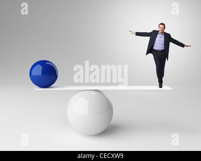 Immagine 3d della sfera di rendering in falso equilibrio e imprenditore Foto Stock