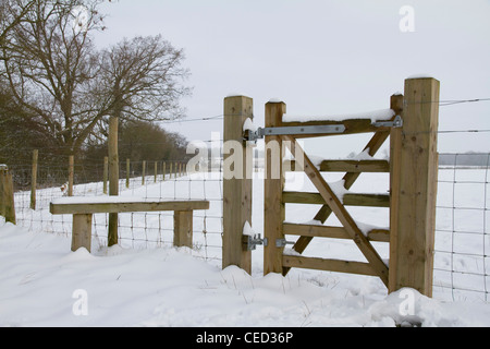 Un gate e stile nella neve che conduce in un campo Foto Stock