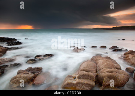 Praa Sands; guardando verso Rinsey; tramonto; Cornovaglia; Regno Unito Foto Stock