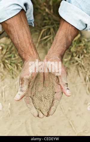 African American Farmer controllando la sporcizia nel campo Foto Stock