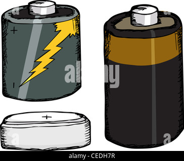 Tre diverse piccole batterie su sfondo bianco Foto Stock
