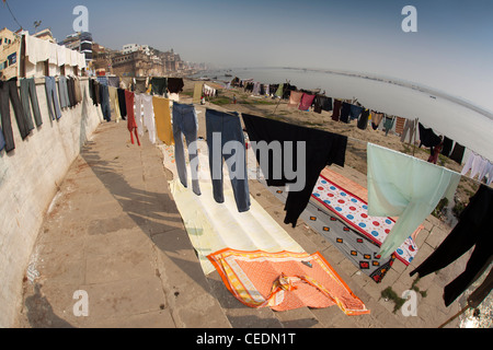 India, Uttar Pradesh, Varanasi, Dhobi Ghat, servizio lavanderia lavato nel fiume Gange, appesi ad asciugare su riverbank Foto Stock