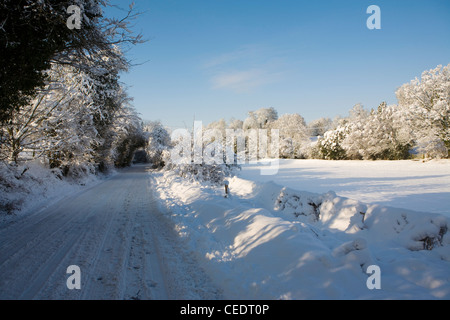 Coperta di neve i campi e foreste di Holmbury Hill, a est di Guildford, Surrey Hills. Regno Unito Foto Stock