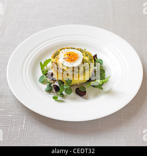 Eglefino affumicato timballo con bollito di quaglia uovo su una piastra bianca e guarnita con crescione Foto Stock