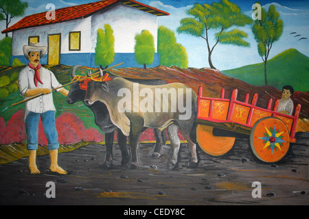 Dipinto murale che mostra tradizionale Costa Rican Scena di Padre e Figlio con carrello di giovenco Foto Stock