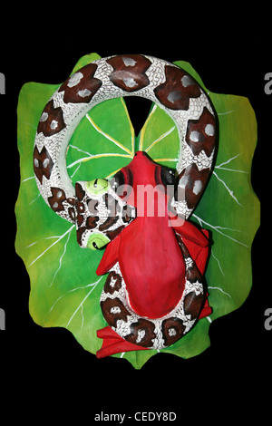 Costa Rica Boruca placca indiana con Snake mangiare rana rossa Foto Stock