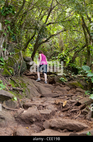 Unica donna walker sul Kalalau Trail lungo la costa di Na Pali in Kauai Hawaii Foto Stock