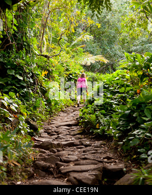 Unica donna walker sul Kalalau Trail lungo la costa di Na Pali in Kauai Hawaii Foto Stock