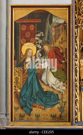 Ansbach, Evangelisch-Lutherische Stadtpfarrkirche San GumbeMarienaltar in der Schwanenritterkapelle, Linker Flügel, Verkündigung Foto Stock