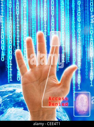 Concetto di immagine di sicurezza e tecnologia. Tutte le immagini sono generate dal computer tranne la mano che è una fotografia fisica Foto Stock