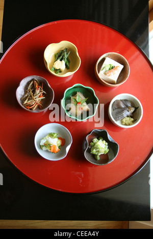 Varietà di bocce preparato autentica cucina Giapponese sottaceti piatti di verdure, pesce rosso lacca tofu vassoio daikon zenzero aubergine Foto Stock