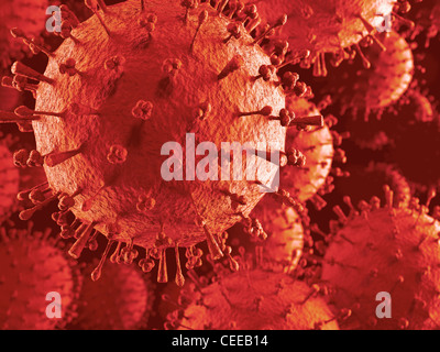 Un influenza aviaria virus H1N1 H5N1 nube di particelle. Colorato in rosso 3D illustrazione di diffusione di virus di influenza suina, influenza aviaria epidemia Foto Stock
