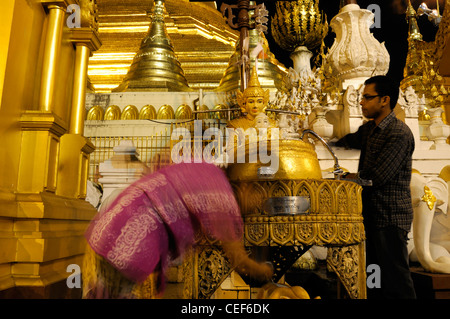 Devoto pellegrino pour versando acqua facendo offrendo alla statua del Buddha post planetari Shwedagon pagoda myanmar notte le ore notturne Foto Stock